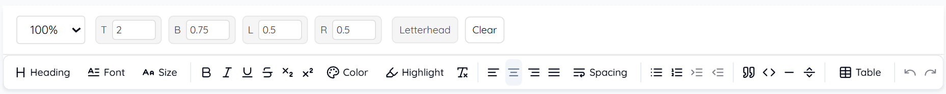 The editor toolbar in two rows: zoom, the four margin boxes and the letterhead controls above; heading, font and size, bold, italic, underline and strikethrough, colour and highlight, alignment, spacing, lists and indent, page break, table, and undo and redo below
