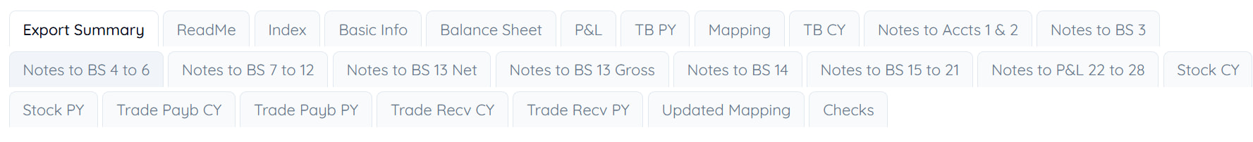 The workbook's sheet tabs wrapping over two rows, from Export Summary and ReadMe through Balance Sheet, P&L, the trial balances and every note, ending at Checks