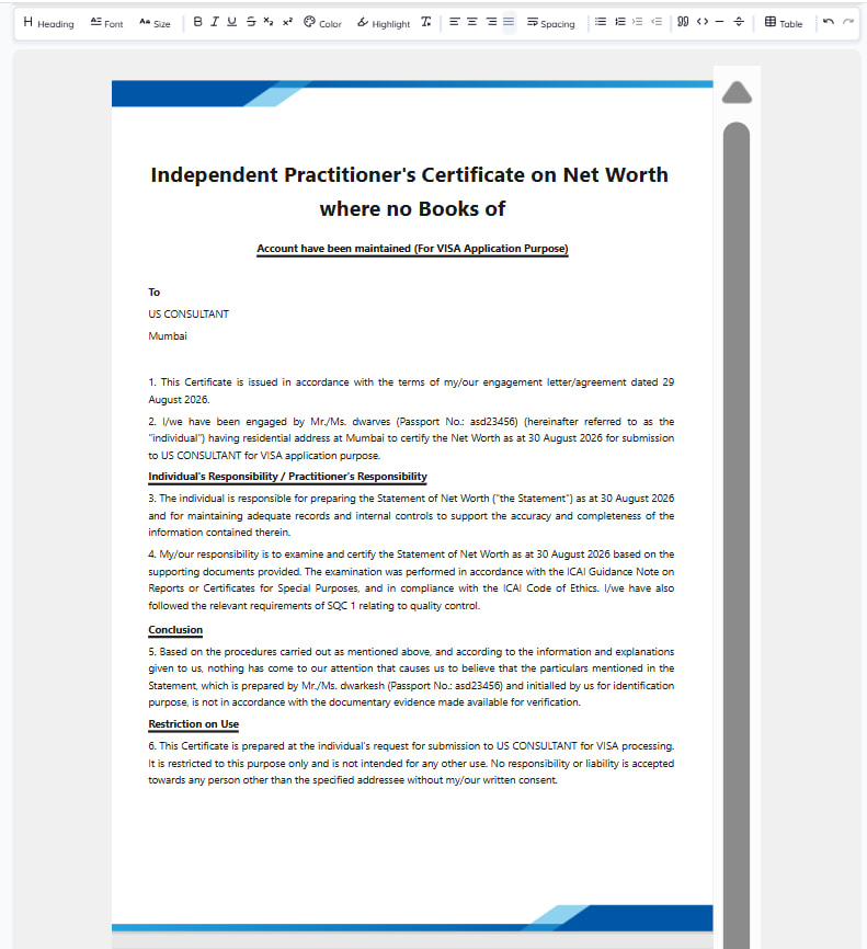 The certificate editor: the toolbar above an A4 page carrying the firm's letterhead, with the certificate's heading, the addressee and the opening paragraphs laid out as they will print